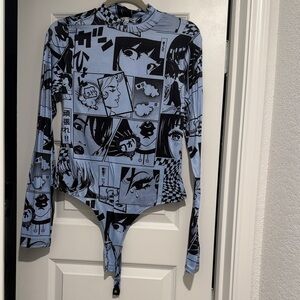 Fashion Nova Blue and Black Manga Print Long Sleeve Bodysuit
